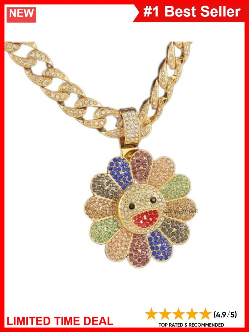 Rotatable Smiling Face Pendant Necklace Cuban Chain 23.6 in